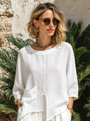 Women's Classic "Old Money" Style Skin-Friendly Cotton-Linen Three-Quarter Sleeve Top ZMZ0516F3SWL