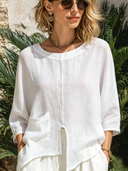Women's Classic "Old Money" Style Skin-Friendly Cotton-Linen Three-Quarter Sleeve Top ZMZ0516F3SWL