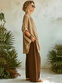 Women's Bohemian Crinkled Cotton-Linen Oversized Top & Wide-Leg Palazzo Pants Set ZMZ0590F0SWL