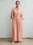Women's Casual Resort Style Neck Tie Pink Cotton-Linen Short-Sleeve Maxi Dress ZMZ0656E8ZYY