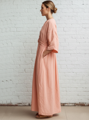 Women's Casual Resort Style Neck Tie Pink Cotton-Linen Short-Sleeve Maxi Dress ZMZ0656E8ZYY