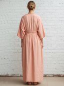 Women's Casual Resort Style Neck Tie Pink Cotton-Linen Short-Sleeve Maxi Dress ZMZ0656E8ZYY