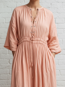 Women's Casual Resort Style Neck Tie Pink Cotton-Linen Short-Sleeve Maxi Dress ZMZ0656E8ZYY