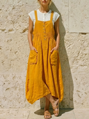 Women's Casual Cottage Style Linen-Blend Button Front Gathered Pocket Overall Midi Dress ZMZ0505F3YZH