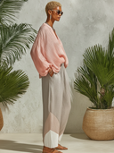 Women's Bohemian Crinkled V Neck Top & Colorblock Wide-Leg Palazzo Pants Set ZMZ0592F4SWL