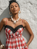 Women's Casual Holiday Slim-Fit Red & White Gingham Cotton-Linen Blend With Lace-Trimmed Neckline And Spaghetti Straps Dress ZMZ0975E9ZYY