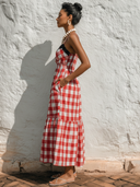 Women's Casual Holiday Slim-Fit Red & White Gingham Cotton-Linen Blend With Lace-Trimmed Neckline And Spaghetti Straps Dress ZMZ0975E9ZYY