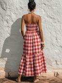 Women's Casual Holiday Slim-Fit Red & White Gingham Cotton-Linen Blend With Lace-Trimmed Neckline And Spaghetti Straps Dress ZMZ0975E9ZYY