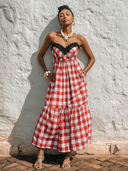 Women's Casual Holiday Slim-Fit Red & White Gingham Cotton-Linen Blend With Lace-Trimmed Neckline And Spaghetti Straps Dress ZMZ0975E9ZYY