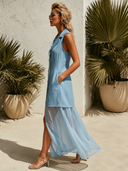 Women's Resort Chic Sky Blue Linen Blend Double-Breasted Sleeveless Blazer Maxi Dress With Paneled Tulle Hem ZMZ0578F6SWL