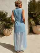 Women's Resort Chic Sky Blue Linen Blend Double-Breasted Sleeveless Blazer Maxi Dress With Paneled Tulle Hem ZMZ0578F6SWL
