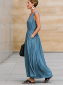 Women's Minimalist Premium Tencel Denim Sleeveless V-Neck Maxi Dress ZMZ2195E8ZYY