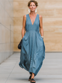 Women's Minimalist Premium Tencel Denim Sleeveless V-Neck Maxi Dress ZMZ2195E8ZYY