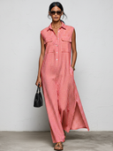 Women's Minimalist Premium Vertical-Stripe Tencel-Linen Sleeveless Shirt-Collar Loose Maxi Dress ZMZ0546F4ZYY