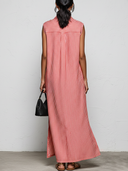 Women's Minimalist Premium Vertical-Stripe Tencel-Linen Sleeveless Shirt-Collar Loose Maxi Dress ZMZ0546F4ZYY