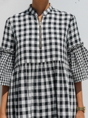 Women's Premium Vintage Black & White Checkered Loose Mandarin Collar And Flared Sleeves Maxi Dress ZMZ0532F1ZYY