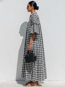 Women's Premium Vintage Black & White Checkered Loose Mandarin Collar And Flared Sleeves Maxi Dress ZMZ0532F1ZYY