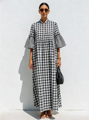 Women's Premium Vintage Black & White Checkered Loose Mandarin Collar And Flared Sleeves Maxi Dress ZMZ0532F1ZYY