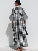 Women's Premium Vintage Black & White Checkered Loose Mandarin Collar And Flared Sleeves Maxi Dress ZMZ0532F1ZYY