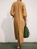 Women's Premium Minimalist Cotton Crew-Neck With Three-Quarter Sleeves And Loose Fit Midi Dress ZMZ0547F8ZYY