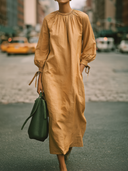 Women's Premium Minimalist Cotton Crew-Neck With Three-Quarter Sleeves And Loose Fit Midi Dress ZMZ0547F8ZYY