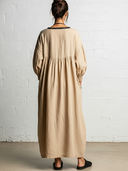 Women's Casual Vintage Cotton-Linen Patchwork With Round Neck, Pockets, Webbing Detail, And Three-Quarter Sleeves Maxi Dress ZMZ0556F0ZYY