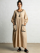 Women's Casual Vintage Cotton-Linen Patchwork With Round Neck, Pockets, Webbing Detail, And Three-Quarter Sleeves Maxi Dress ZMZ0556F0ZYY