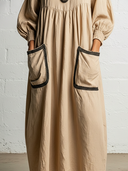 Women's Casual Vintage Cotton-Linen Patchwork With Round Neck, Pockets, Webbing Detail, And Three-Quarter Sleeves Maxi Dress ZMZ0556F0ZYY