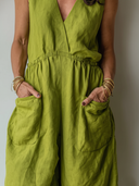 Women's Casual Vintage Cotton-Linen V-Neck Sleeveless Multi-Pocket Jumpsuit ZMZ0540F5ZYY
