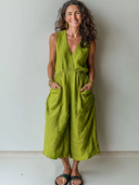 Women's Casual Vintage Cotton-Linen V-Neck Sleeveless Multi-Pocket Jumpsuit ZMZ0540F5ZYY