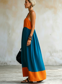 Women's Casual Vacation-Style Color-Block Paneling And Spaghetti Straps Sleeveless V-Neck Cotton-Linen Maxi Dress ZMZ0584F9ZYY