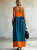 Women's Casual Vacation-Style Color-Block Paneling And Spaghetti Straps Sleeveless V-Neck Cotton-Linen Maxi Dress ZMZ0584F9ZYY