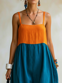 Women's Casual Vacation-Style Color-Block Paneling And Spaghetti Straps Sleeveless V-Neck Cotton-Linen Maxi Dress ZMZ0584F9ZYY
