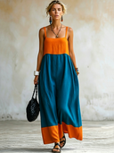 Women's Casual Vacation-Style Color-Block Paneling And Spaghetti Straps Sleeveless V-Neck Cotton-Linen Maxi Dress ZMZ0584F9ZYY