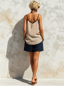 Women's Boho Colorblock Cotton Linen Camisole Top And Navy Loose Shorts Set – Casual Summer Vacation Two Piece Outfit ZMZ0530F3SWL