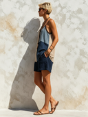Women's Boho Colorblock Cotton Linen Camisole Top And Navy Loose Shorts Set – Casual Summer Vacation Two Piece Outfit ZMZ0530F3SWL