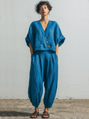 Women's Casual Minimalist Cotton-Linen V-Neck Button-Front Short-Sleeve Top And Lantern Pants Set ZMZ0553F9ZYY