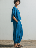 Women's Casual Minimalist Cotton-Linen V-Neck Button-Front Short-Sleeve Top And Lantern Pants Set ZMZ0553F9ZYY