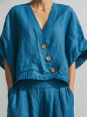 Women's Casual Minimalist Cotton-Linen V-Neck Button-Front Short-Sleeve Top And Lantern Pants Set ZMZ0553F9ZYY