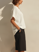 Women's Casual Minimalist Waffle-Knit V-Neck Short-Sleeve T-Shirt And Cotton-Linen Bermuda Shorts Set ZMZ0544F7ZYY