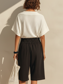 Women's Casual Minimalist Waffle-Knit V-Neck Short-Sleeve T-Shirt And Cotton-Linen Bermuda Shorts Set ZMZ0544F7ZYY