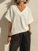 Women's Casual Minimalist Waffle-Knit V-Neck Short-Sleeve T-Shirt And Cotton-Linen Bermuda Shorts Set ZMZ0544F7ZYY