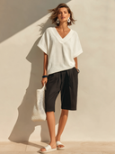 Women's Casual Minimalist Waffle-Knit V-Neck Short-Sleeve T-Shirt And Cotton-Linen Bermuda Shorts Set ZMZ0544F7ZYY