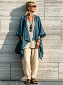 Women's Loose Casual Vintage Blue Linen Open-Front Shirt ZMZ0502F5SWL