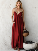 Women's Casual Resort-Style V-Neck, Spaghetti Straps, And Cotton-Linen Panel Design Loose Maxi Dress ZMZ0586F2ZYY