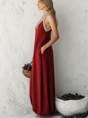 Women's Casual Resort-Style V-Neck, Spaghetti Straps, And Cotton-Linen Panel Design Loose Maxi Dress ZMZ0586F2ZYY