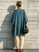 Women's Loose Casual Vintage Blue Linen Open-Front Shirt ZMZ0502F5SWL