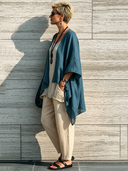 Women's Loose Casual Vintage Blue Linen Open-Front Shirt ZMZ0502F5SWL