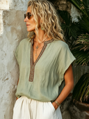 Women's Ethnic Style Ribbon Light Matcha Green Cotton-Linen V-Neck Short-Sleeve Top ZMZ0581F2SWL