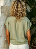 Women's Ethnic Style Ribbon Light Matcha Green Cotton-Linen V-Neck Short-Sleeve Top ZMZ0581F2SWL